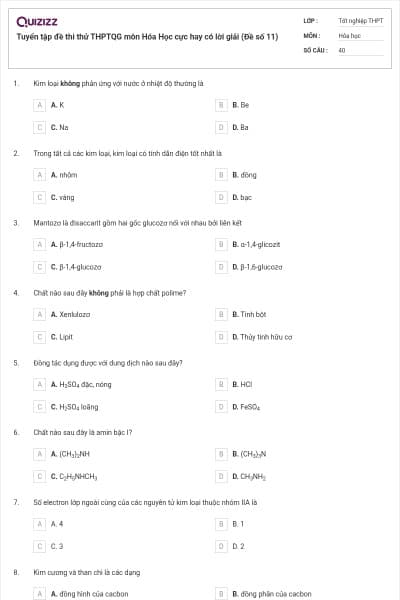 Tuyển tập đề thi thử THPTQG môn Hóa Học cực hay có lời giải (Đề số 11)