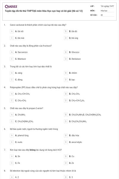 Tuyển tập đề thi thử THPTQG môn Hóa Học cực hay có lời giải (Đề số 12)