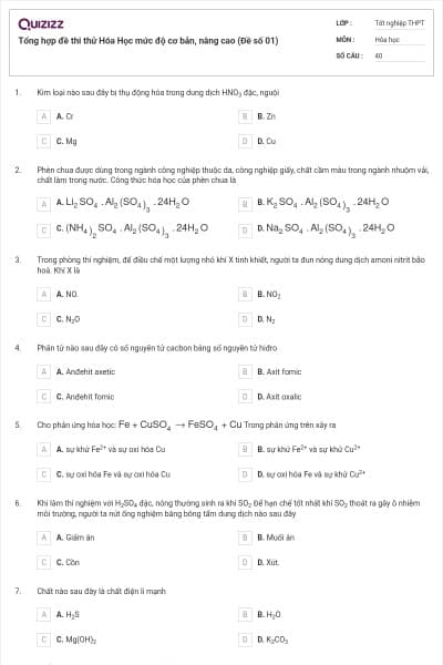 Tổng hợp đề thi thử Hóa Học mức độ cơ bản, nâng cao (Đề số 01)