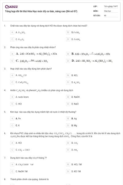 Tổng hợp đề thi thử Hóa Học mức độ cơ bản, nâng cao (Đề số 07)