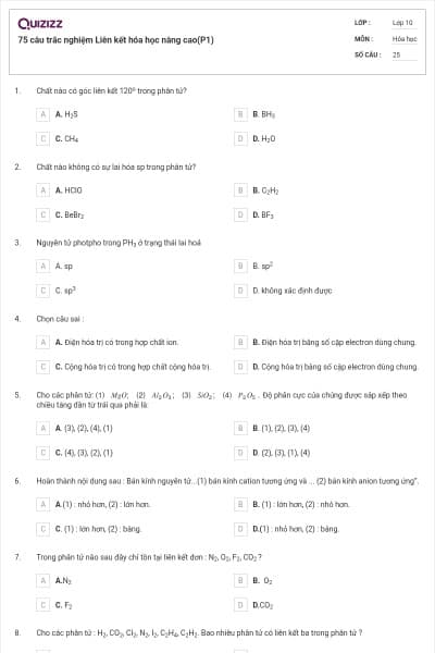 75 câu trắc nghiệm Liên kết hóa học nâng cao(P1)