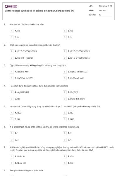 Đề thi Hóa học cực hay có lời giải chi tiết cơ bản, nâng cao (Đề 14)