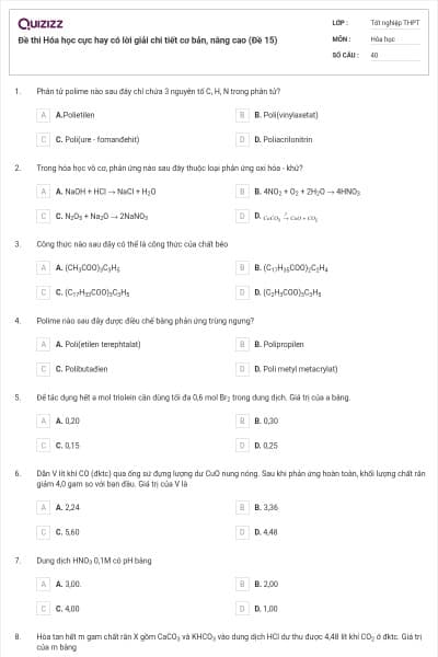 Đề thi Hóa học cực hay có lời giải chi tiết cơ bản, nâng cao (Đề 15)