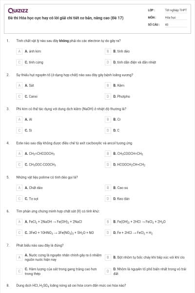 Đề thi Hóa học cực hay có lời giải chi tiết cơ bản, nâng cao (Đề 17)