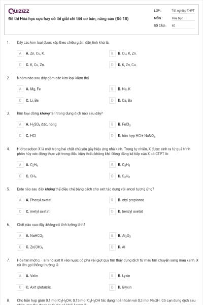 Đề thi Hóa học cực hay có lời giải chi tiết cơ bản, nâng cao (Đề 18)