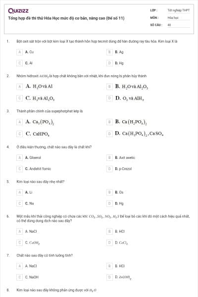 Tổng hợp đề thi thử Hóa Học mức độ cơ bản, nâng cao (Đế số 11)