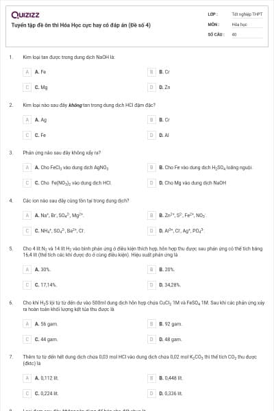 Tuyển tập đề ôn thi Hóa Học cực hay có đáp án (Đề số 4)