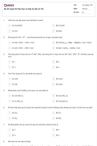 Bộ đề luyện thi Hóa Học có đáp án (Đề số 10)