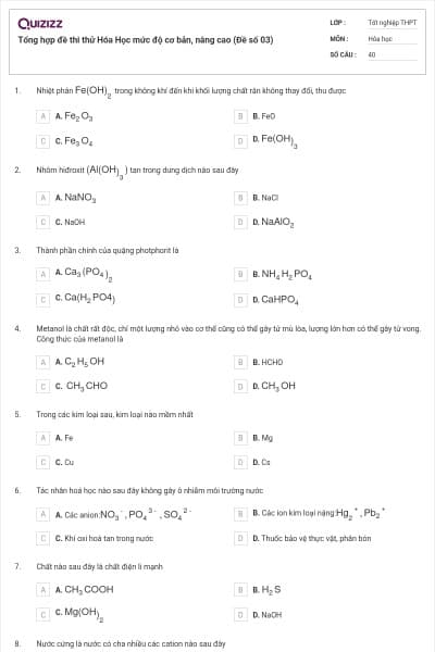 Tổng hợp đề thi thử Hóa Học mức độ cơ bản, nâng cao (Đề số 03)