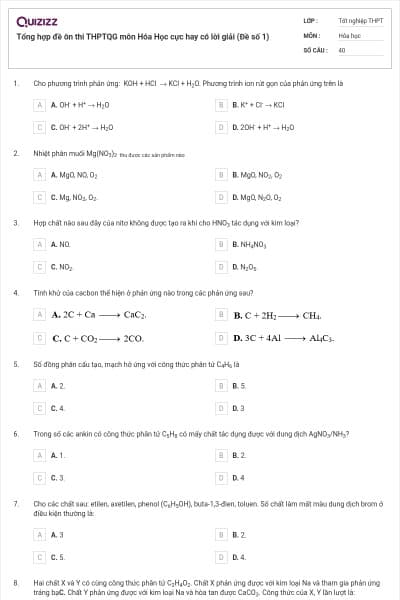 Tổng hợp đề ôn thi THPTQG môn Hóa Học cực hay có lời giải (Đề số 1)