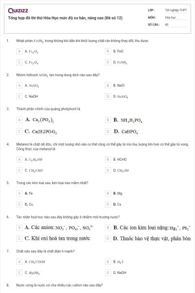 Tổng hợp đề thi thử Hóa Học mức độ cơ bản, nâng cao (Đề số 12)