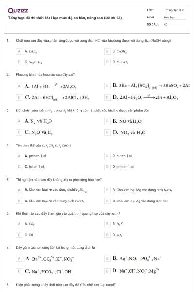 Tổng hợp đề thi thử Hóa Học mức độ cơ bản, nâng cao (Đề sô 13)