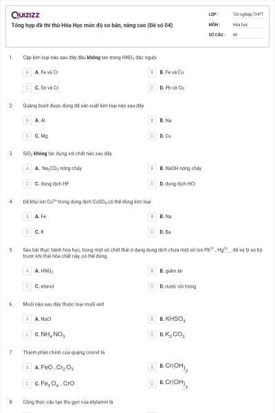 Tổng hợp đề thi thử Hóa Học mức độ cơ bản, nâng cao (Đề số 04)