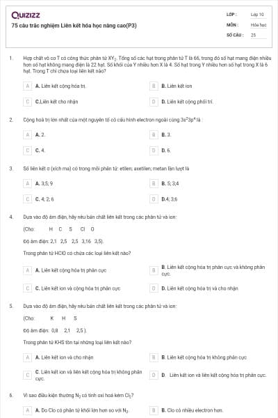 75 câu trắc nghiệm Liên kết hóa học nâng cao(P3)