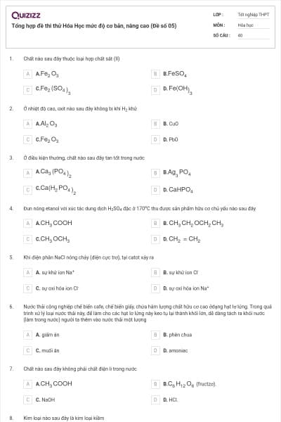 Tổng hợp đề thi thử Hóa Học mức độ cơ bản, nâng cao (Đề số 05)