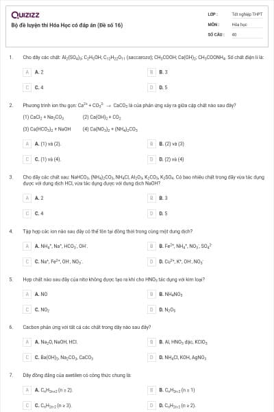 Bộ đề luyện thi Hóa Học có đáp án (Đề số 16)