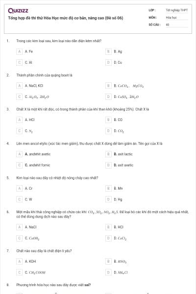 Tổng hợp đề thi thử Hóa Học mức độ cơ bản, nâng cao (Đề số 06)