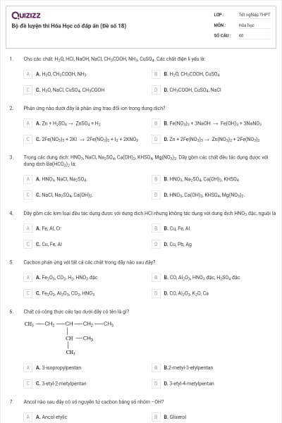 Bộ đề luyện thi Hóa Học có đáp án (Đề số 18)