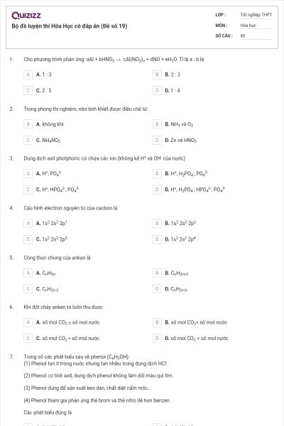 Bộ đề luyện thi Hóa Học có đáp án (Đề số 19)