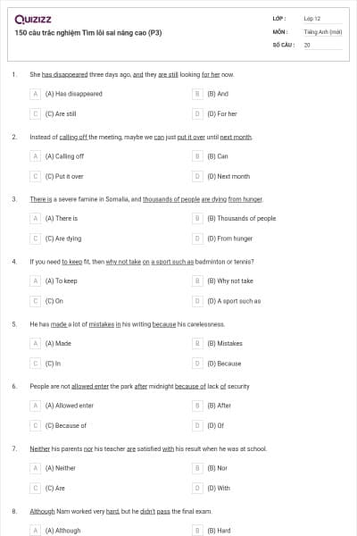 150 câu trắc nghiệm Tìm lỗi sai nâng cao (P3)