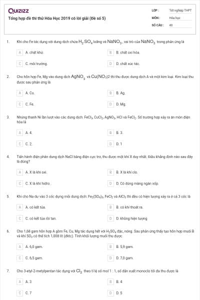 Tổng hợp đề thi thử Hóa Học 2019 có lời giải (Đề số 5)