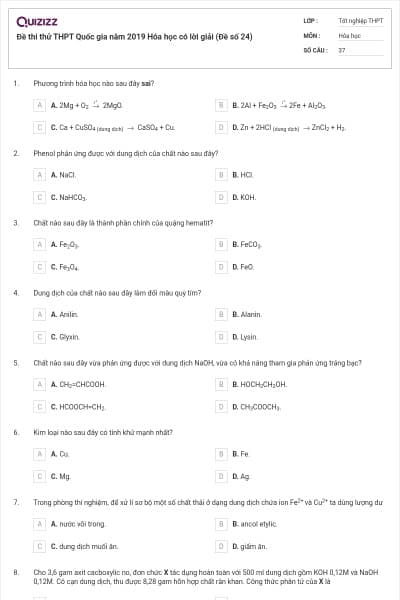 Đề thi thử THPT Quốc gia năm 2019 Hóa học có lời giải (Đề số 24)