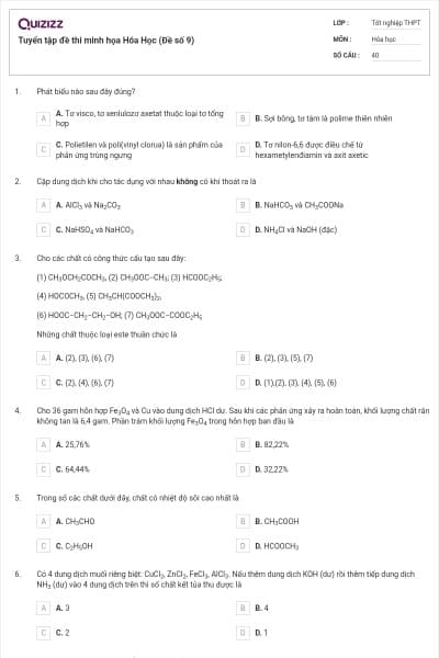 Tuyển tập đề thi minh họa Hóa Học (Đề số 9)