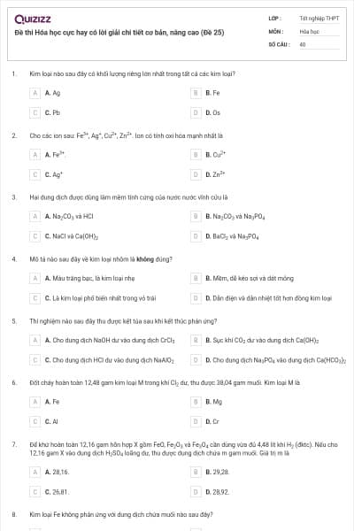 Đề thi Hóa học cực hay có lời giải chi tiết cơ bản, nâng cao (Đề 25)
