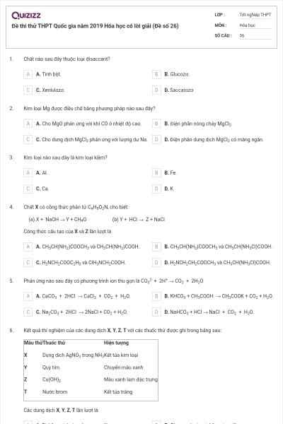 Đề thi thử THPT Quốc gia năm 2019 Hóa học có lời giải (Đề số 26)