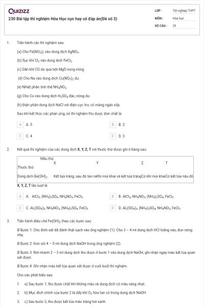 230 Bài tập thí nghiệm Hóa Học cực hay có đáp án(Đề số 3)
