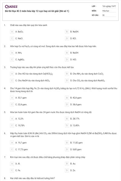 Đề thi Học Kì 2 môn hóa lớp 12 cực hay có lời giải (Đề số 1)