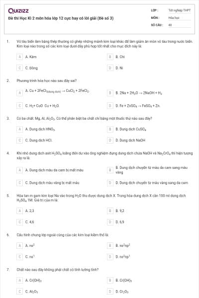 Đề thi Học Kì 2 môn hóa lớp 12 cực hay có lời giải (Đề số 3)