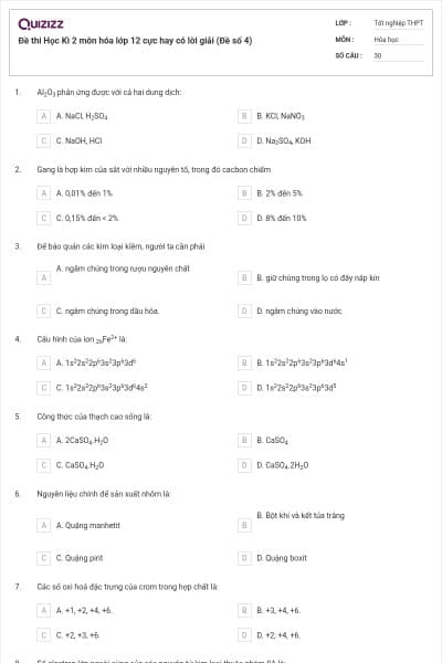Đề thi Học Kì 2 môn hóa lớp 12 cực hay có lời giải (Đề số 4)