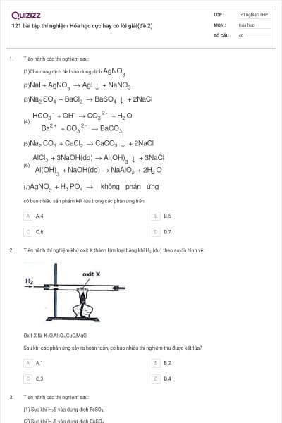 121 bài tập thí nghiệm Hóa học cực hay có lời giải(đề 2)