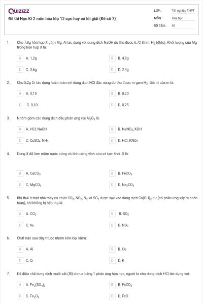 Đề thi Học Kì 2 môn hóa lớp 12 cực hay có lời giải (Đề số 7)