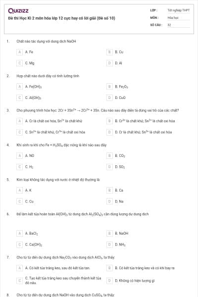 Đề thi Học Kì 2 môn hóa lớp 12 cực hay có lời giải (Đề số 10)