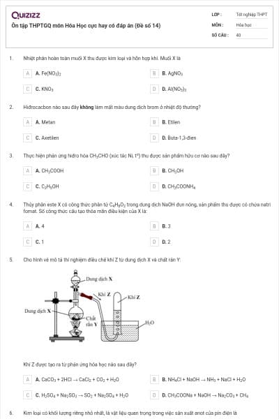 Ôn tập THPTGQ môn Hóa Học cực hay có đáp án (Đề số 14)