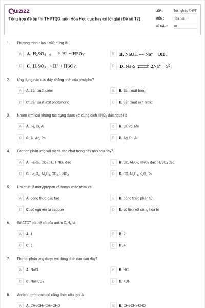 Tổng hợp đề ôn thi THPTQG môn Hóa Học cực hay có lời giải (Đề số 17)