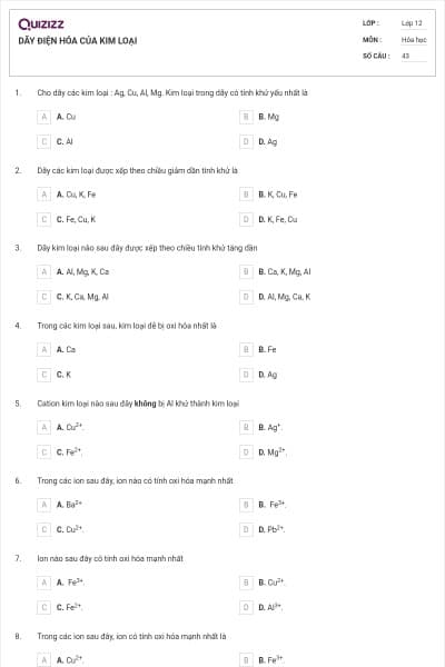 DÃY ĐIỆN HÓA CỦA KIM LOẠI