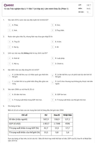 12 câu  Trắc nghiệm Địa Lí 11 Bài 7 (có đáp án): Liên minh Châu Âu (Phần 1)