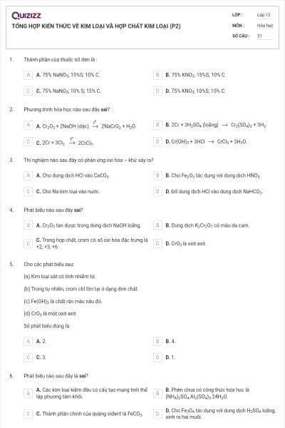 TỔNG HỢP KIẾN THỨC VỀ KIM LOẠI  VÀ HỢP CHẤT KIM LOẠI (P2)