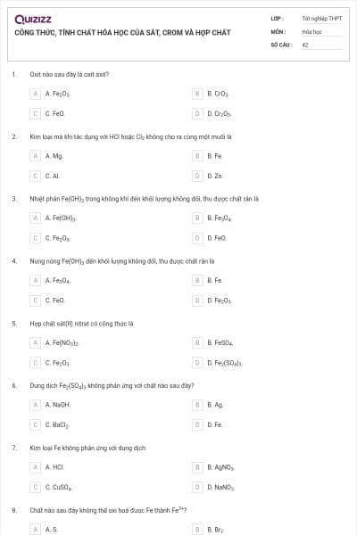 CÔNG THỨC, TÍNH CHẤT HÓA HỌC CỦA SẮT, CROM VÀ HỢP CHẤT