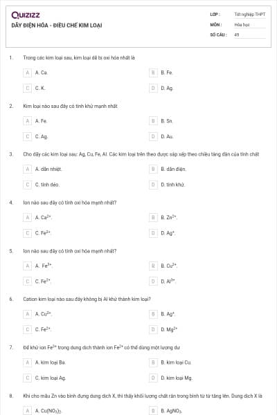 DÃY ĐIỆN HÓA - ĐIỀU CHẾ KIM LOẠI