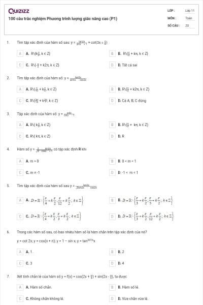 100 câu trắc nghiệm Phương trình lượng giác nâng cao (P1)