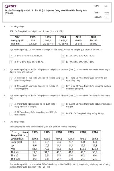 14 câu   Trắc nghiệm Địa Lí 11 Bài 10 (có đáp án): Cộng Hòa Nhân Dân Trung Hoa (Phần 3)