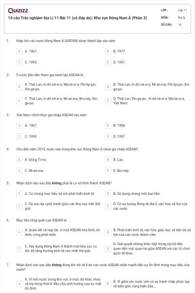 14 câu  Trắc nghiệm Địa Lí 11 Bài 11 (có đáp án): Khu vực Đông Nam Á (Phần 3)