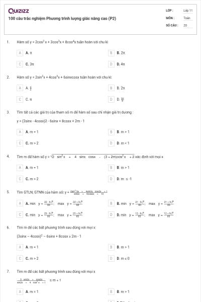 100 câu trắc nghiệm Phương trình lượng giác nâng cao (P2)