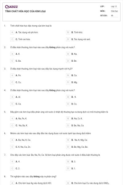 TÍNH CHẤT HÓA HỌC CỦA KIM LOẠI