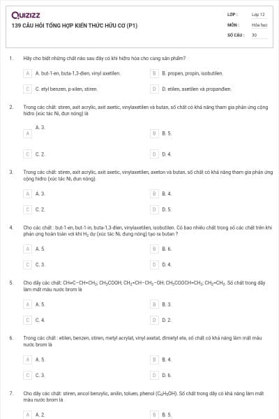 139 CÂU HỎI TỔNG HỢP KIẾN THỨC HỮU CƠ (P1)