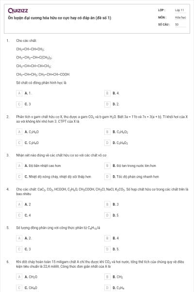 Ôn luyện đại cương hóa hữu cơ cực hay có đáp án (đề số 1)